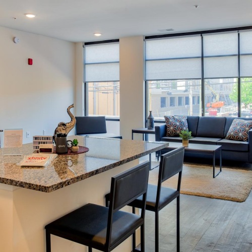 Stylish apartments in Downtown Bloomington a kitchen with a large island